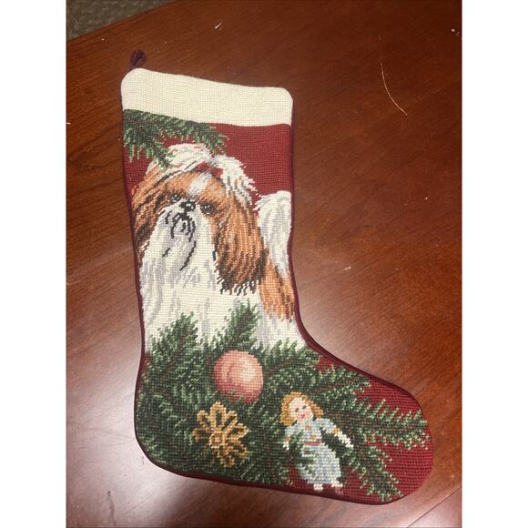 VTG Christmas Needlepoint Stocking Wool Completed Kit Handmade EUC Dog Shitsuoe - Picture 1 of 9